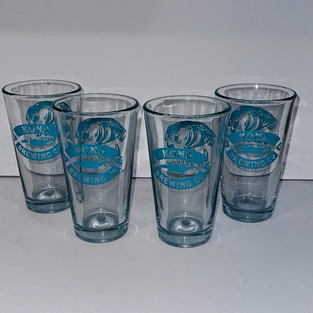 Kona Catch A Big Wave Liquid Aloha Ale 16 Oz Embossed Pint Beer Glasses Set Of 4